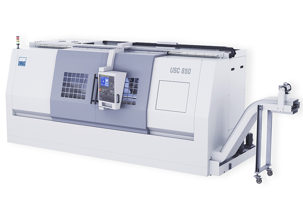 Außenansicht der Universaldrehmaschine USC 850 mit geschlossenem Gehäuse, modernem CNC-Bedienfeld und stabilem Maschinenaufbau für eine präzise Drehbearbeitung