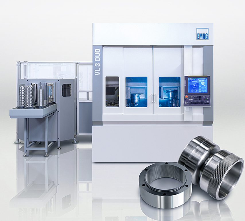 EMAG VL 3 DUO: Twin-spindle vertical turning machine with pick-up spindles and TrackMotion system.