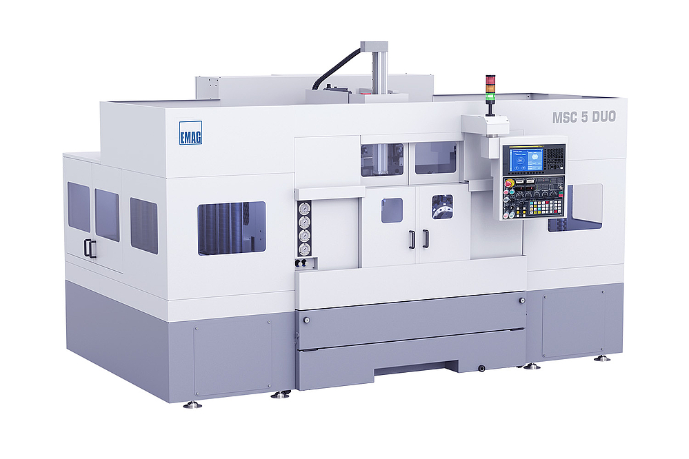 Exterior view of the MSC 5 DUO twin-spindle CNC lathe from EMAG with FANUC control panel and integrated workpiece magazines. The front-loading lathe enables space-saving integration into existing production lines with maximum access for operators and servicing.