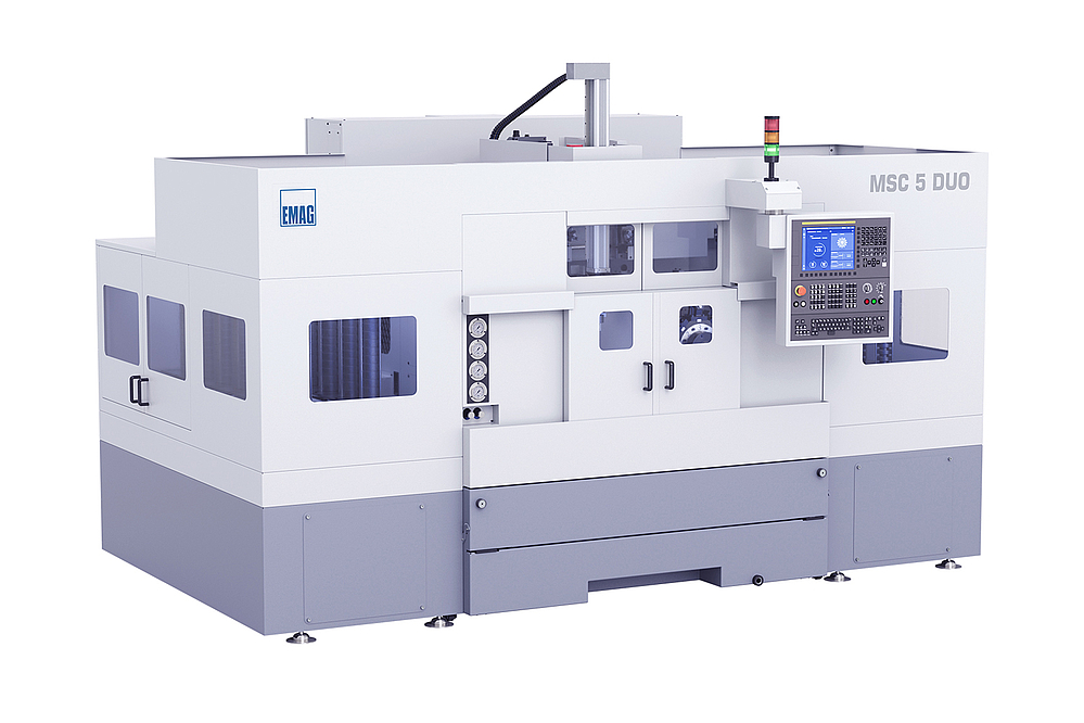 埃马克 MSC 5 DUO 双主轴数控车床外观，配有 FANUC 控制面板和集成工件库。这种前置式车床可集成到现有生产线中，节省空间，并最大限度地方便操作人员和维护人员。