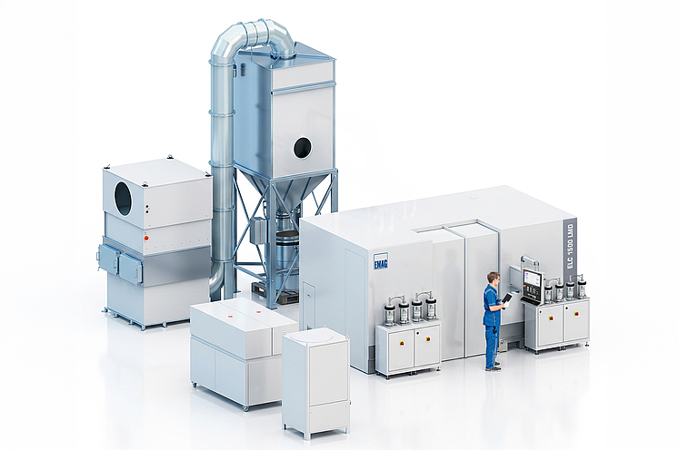 EMAG ELC 1500 LMD laser cladding system with integrated laser source, extraction system, cooling system, and powder conveying 