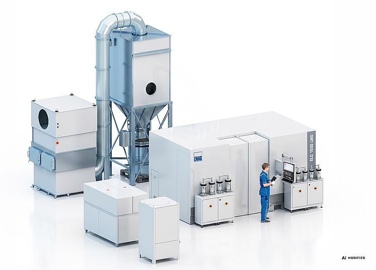 EMAG ELC 1500 LMD laser cladding system with integrated laser source, extraction system, cooling system, and powder conveying 