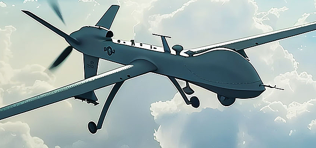 Dron militar en vuelo (vista inferior) mostrando componentes de propulsión y alas. 