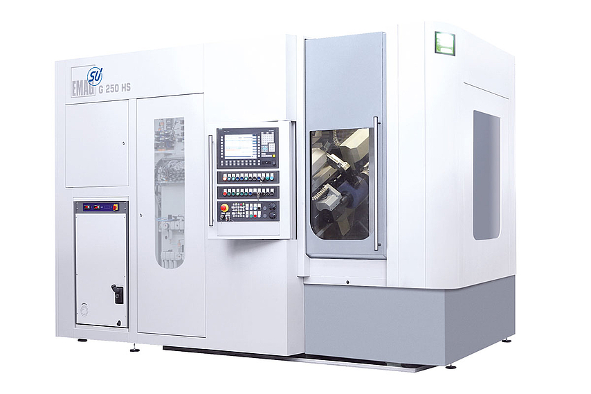 Exterior view of the G 250 HS gear grinding machine from EMAG SU with high-speed grinding head and compact design. 