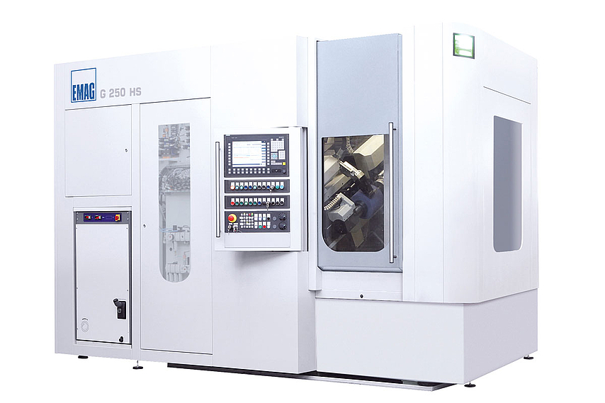 Exterior view of the G 250 HS gear grinding machine from EMAG SU with high-speed grinding head and compact design. 