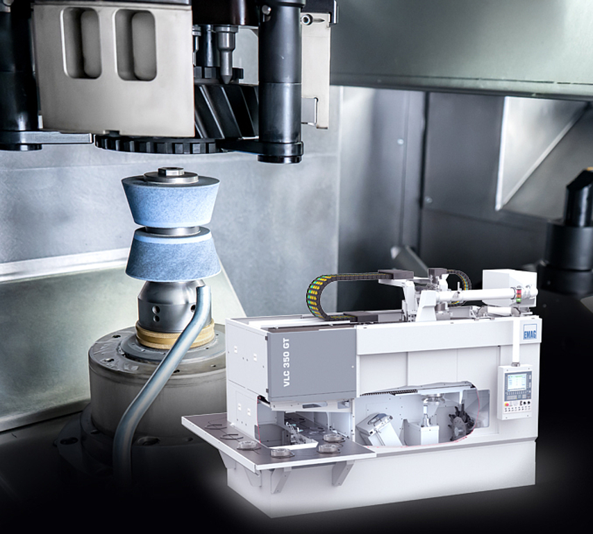 埃马克VLC 350 GT 车磨复合加工中心，用于加工直径 350 毫米以下的刚轮。