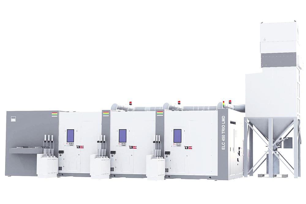 Laserbeschichtungsanlage ELC 450 TRIO LMD mit drei parallel arbeitenden Prozessmodulen und vollautomatischem Handlingsystem