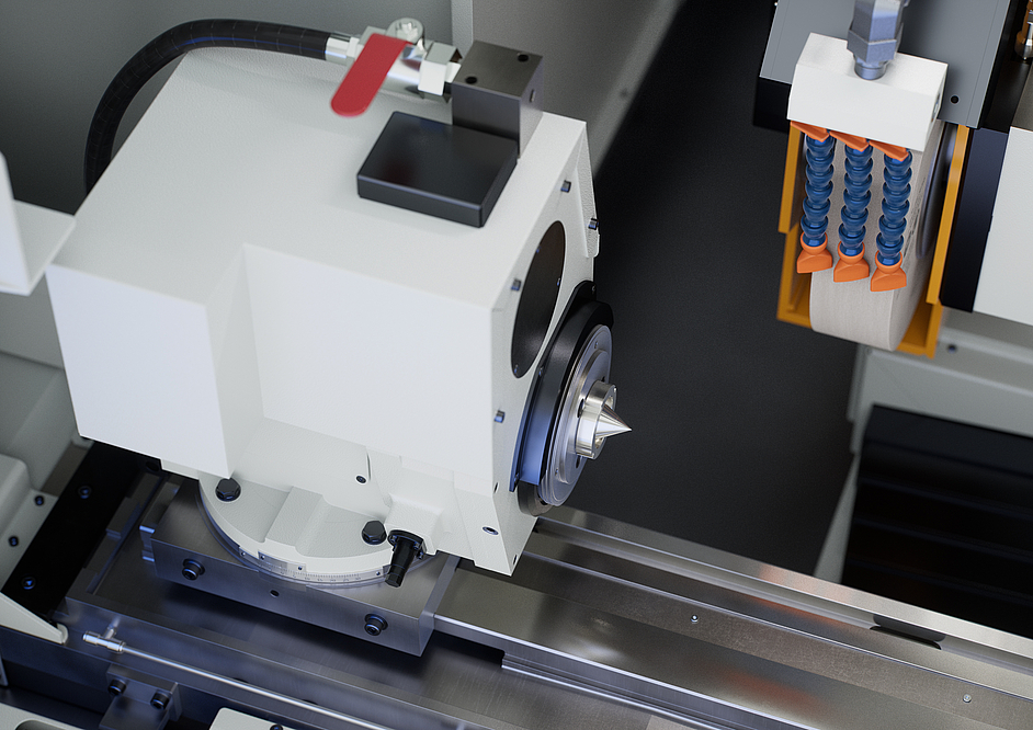 Compact workhead with precision tapered roller bearings for roundness accuracies of up to 0.5 µm. The swivel range of 0 to +30° enables flexible machining strategies.