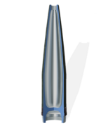 Image of a 155 mm artillery projectile illustrating the precision of machining and the complexity of the internal structure typical of defense industry requirements.