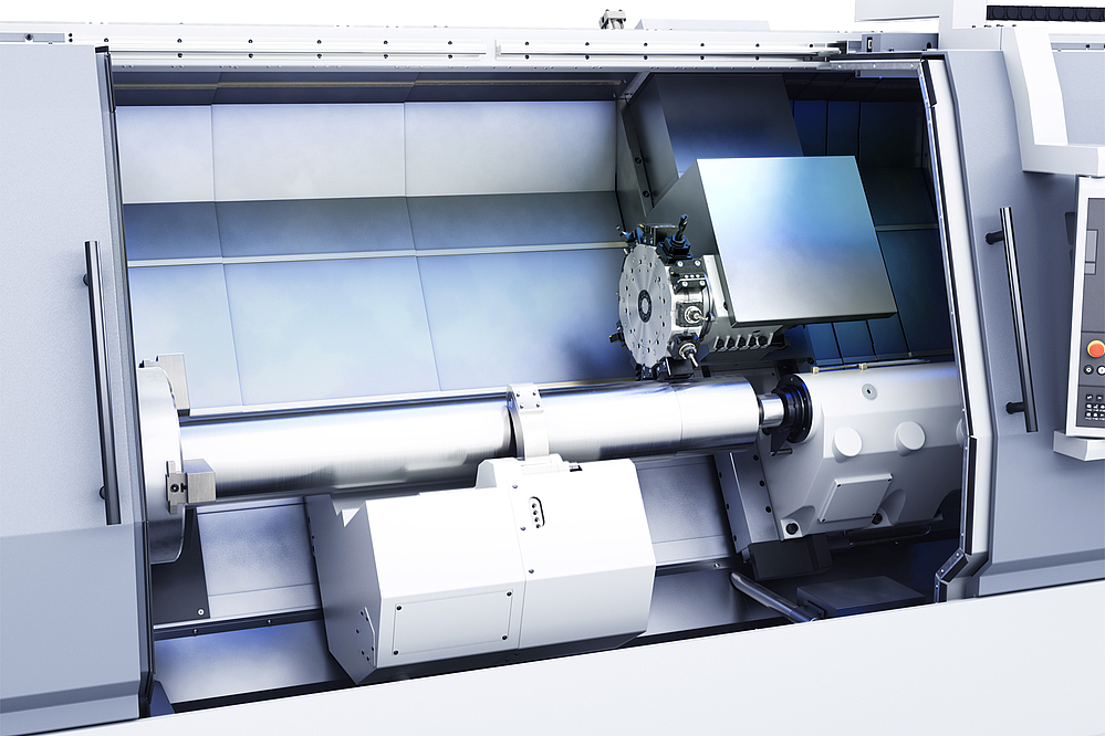 Arbeitsraum der Universaldrehmaschine USC 850 mit großzügiger Werkstückaufnahme und robuster Maschinenstruktur für präzise Drehbearbeitungen