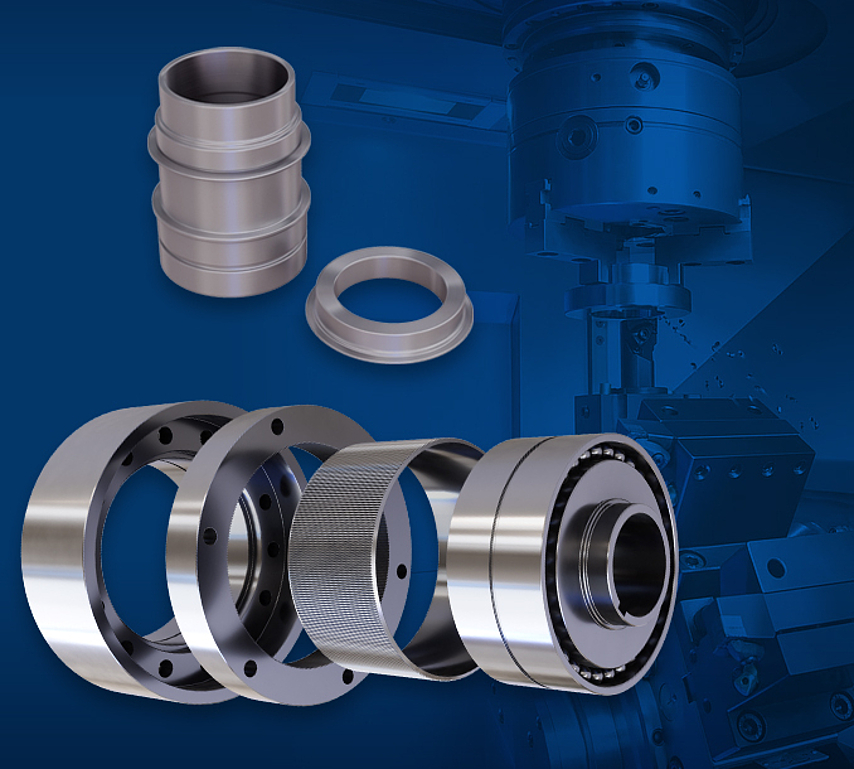 Precision-machined flex spline, wave generator, and harmonic reducer components shown in front of a VL Series turning machine for humanoid robots components.