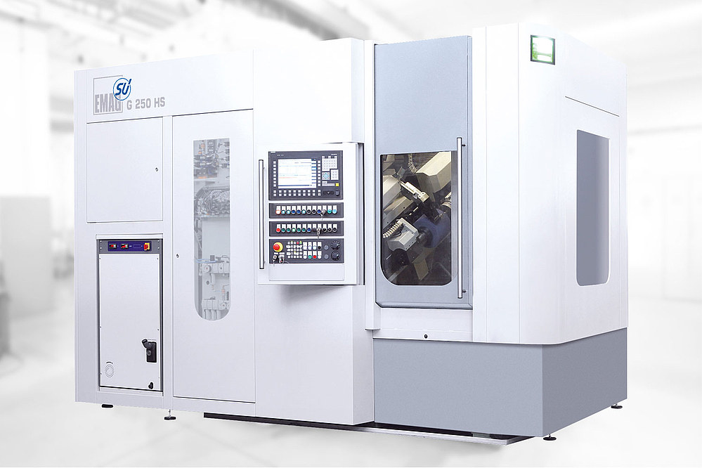 Exterior view of the G 250 HS gear grinding machine from EMAG SU with high-speed grinding head and compact design. 