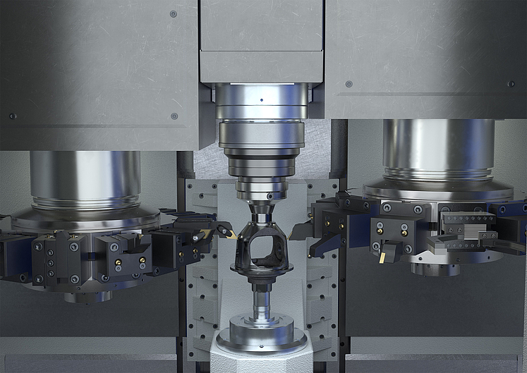 EMAG VT 4 bei der 4-achsigen Außenbearbeitung eines Differentialgehäuses. Vertikale Drehmaschine für die Gehäusebearbeitung in einer Aufspannung. 