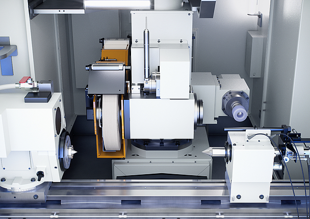 Work area of the EMAG UG Series. The combination of swiveling B-axis and direct-drive spindles enables internal and external grinding.