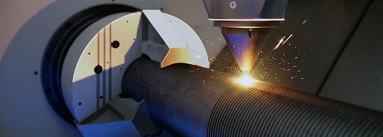 Hydraulic cylinders and laser metal deposition of a piston rod on a rotating workpiece 