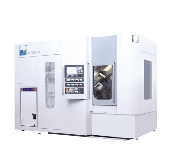 Vista exterior de la rectificadora de engranes G 250 HS de EMAG SU con cabezal de alta velocidad y diseño compacto. 