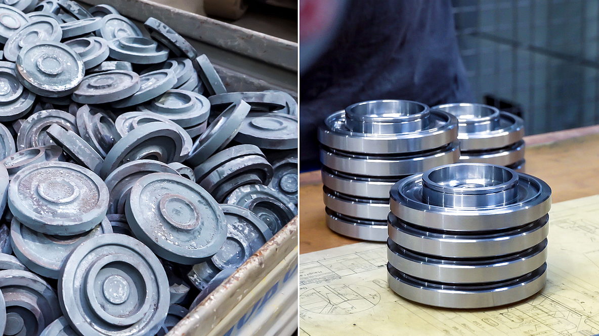 Two-image combination showing a container with unprocessed, dark forged parts on the left and precision-machined, shiny metal rings as a finished product on the right.
