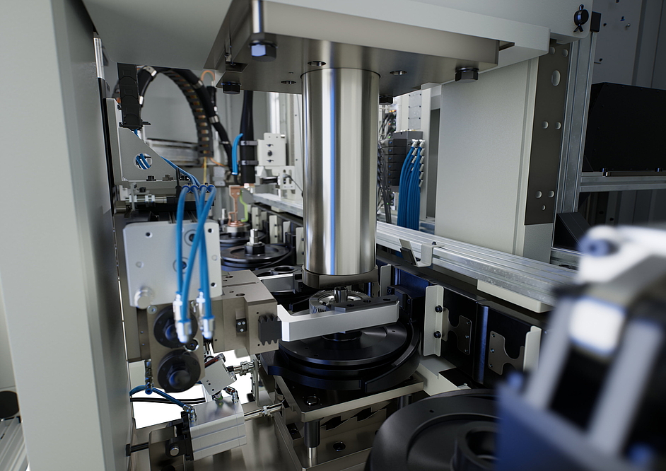 Interior view of the ELC 6i Interior view of the ELC 6i with integrated process stations: Pressing, laser cleaning, laser welding and laser marking. The compact overall housing ensures laser safety for all processes.