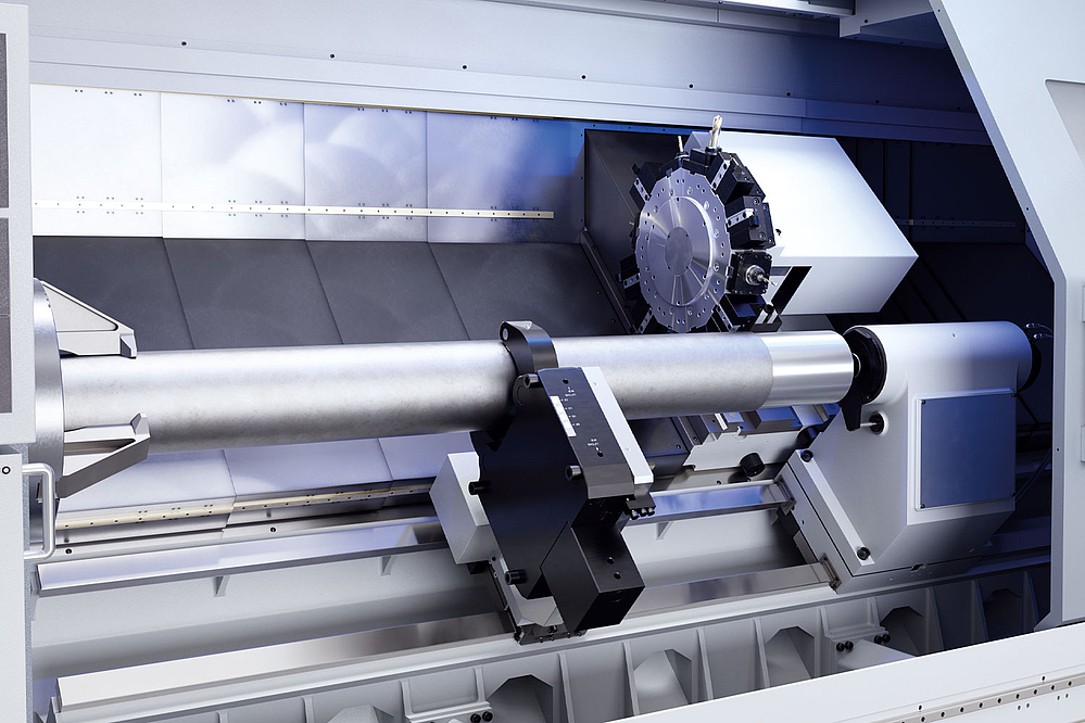 Espace de travail du tour universel USC 850 avec une prise de pièce conséquente et une structure de machine robuste pour des opérations de tournage précises. 