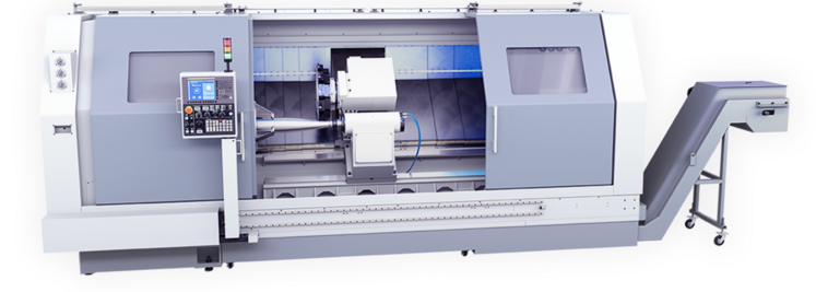 Vista generale del tornio EMAG USC 850 per l'editing di proiettili d'artiglieria da 155 mm