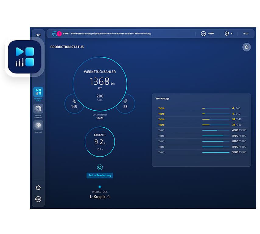 Screenshot of the EDNA Production Status interface with clear display of important production data in real time 