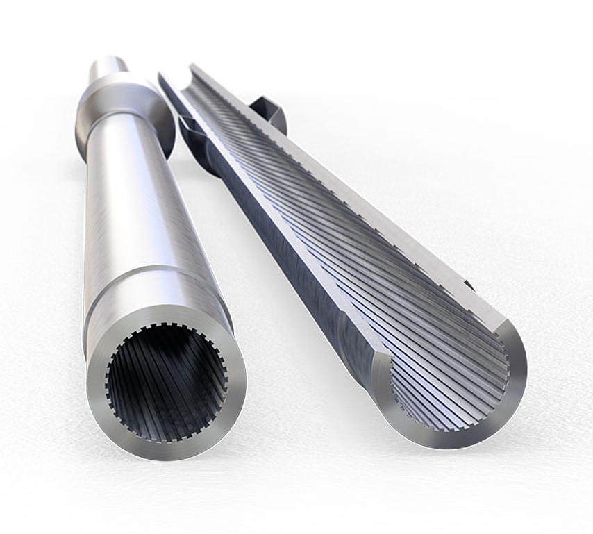 Gun barrel with visible rifling profiles, partially cut open to reveal the precise interior contour.