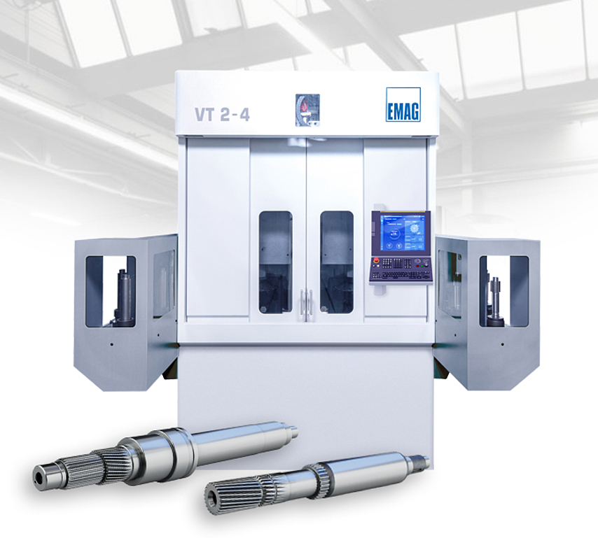 埃马克VT 2-4 立式轴类加工车床，具有 4 轴加工和集成自动化功能。
