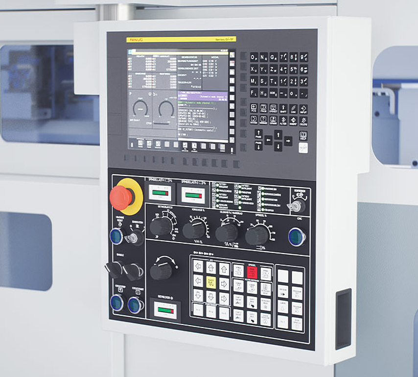 Control panel of an EMAG CNC machine with secure access functions for product safety and remote maintenance.