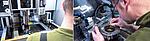 Two-part image composition from the toolmaking department at PENN GmbH: On the left an employee at a CNC machine, on the right a technician fine machining a precision ring-shaped tool.