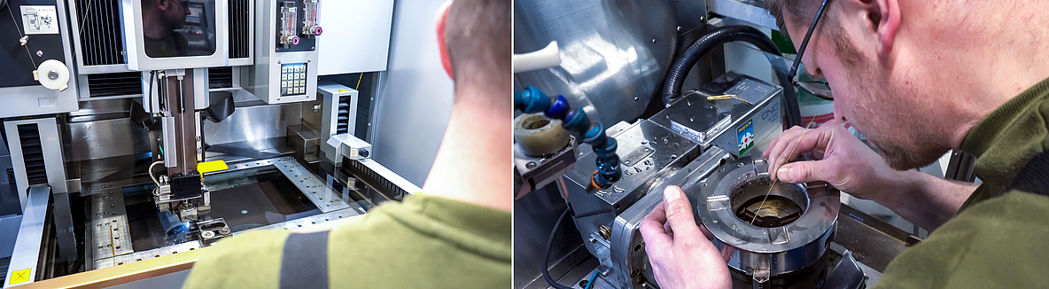 Two-part image composition from the toolmaking department at PENN GmbH: On the left an employee at a CNC machine, on the right a technician fine machining a precision ring-shaped tool.