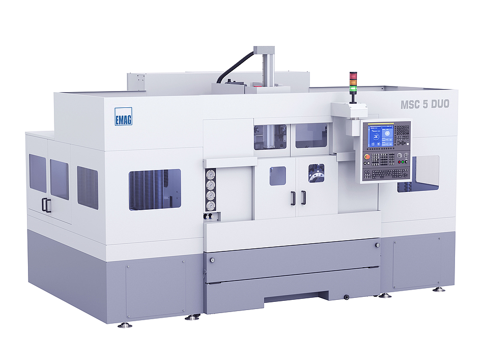 Die MSC 5 DUO von EMAG zeichnet sich durch ihre kompakte Bauweise und ein integriertes Stacker-System aus, das eine autonome und mannarme Fertigung ermöglicht.