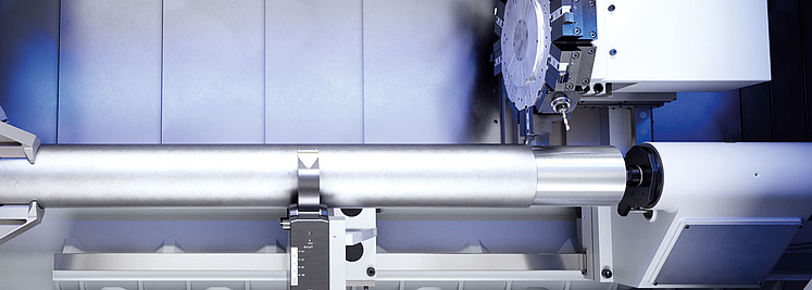 Contre-poupée et lunette hydrauliques du tour universel USC 850 pour soutenir en toute sécurité des pièces longues et lourdes pour des opérations de tournage précises. 