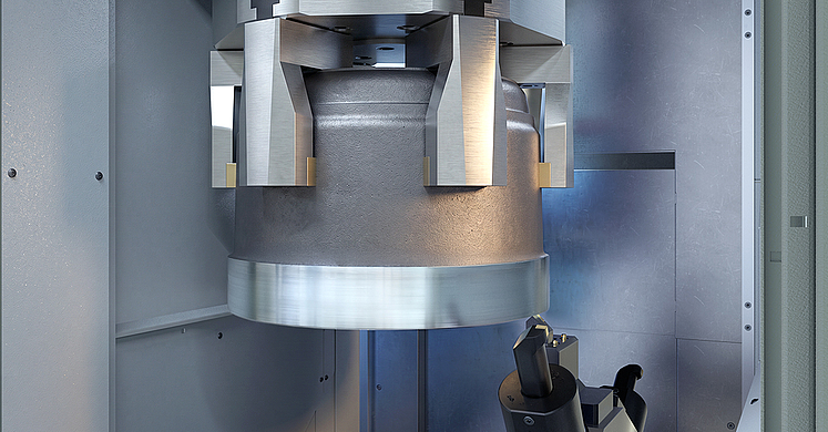 Work area of an EMAG VL 8 lathe during the machining of a truck brake drum. Fully automated production of chassis components. 
