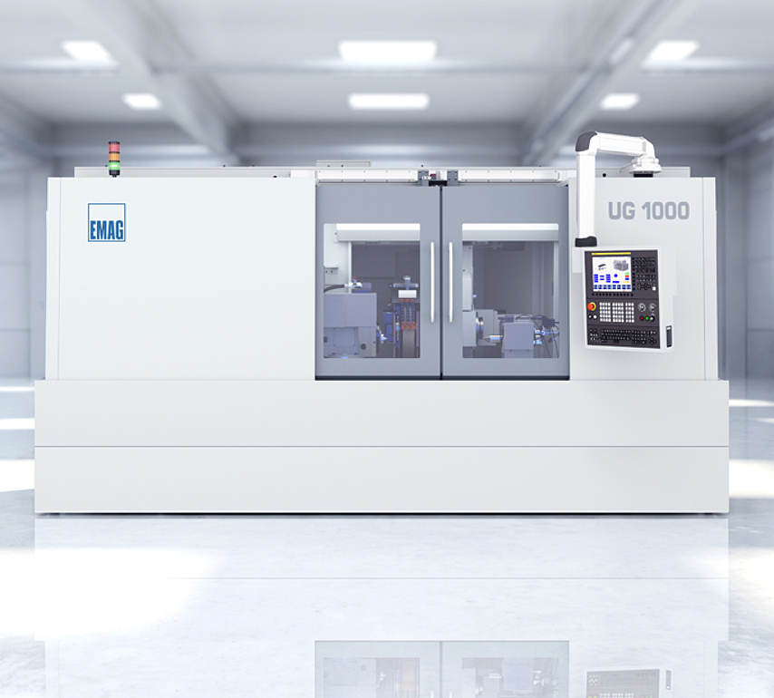 EMAG UG 1000 universal grinding machine with swiveling B-axis and direct-drive motor spindles.