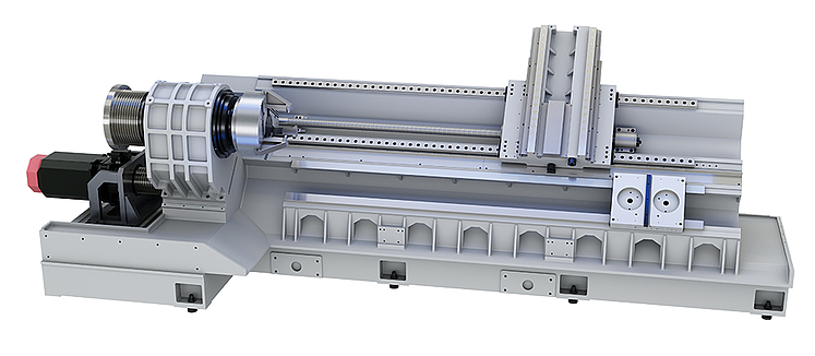 Estructura del torno universal USC 850 con diseño de bancada inclinada a 60° en hierro fundido gris para una estabilidad óptima y una excelente absorción de vibraciones. 