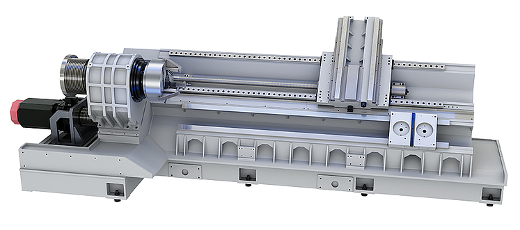 Structure de la machine du tour universel USC 850 avec construction à banc incliné à 60° en fonte grise pour une stabilité et une absorption des vibrations optimales. 