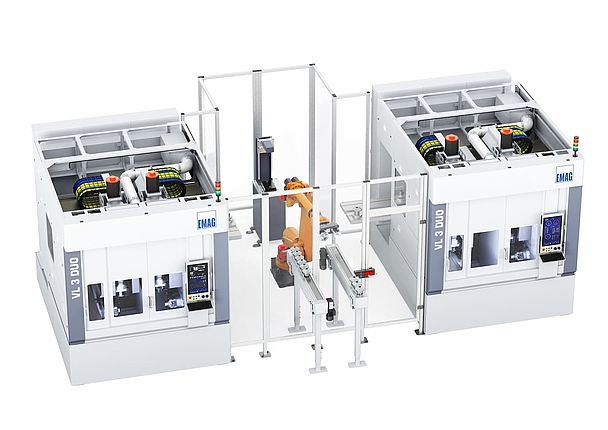 Robot cell from EMAG in combination with two VL 3 DUOs