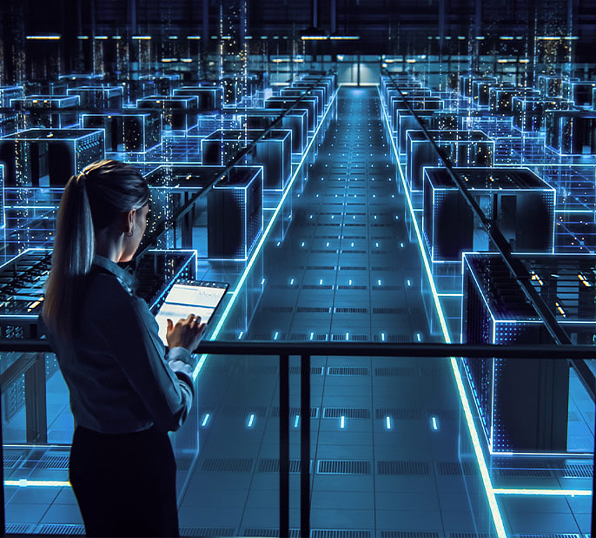 A person using a tablet monitors a server environment in a data center - ensuring secure corporate IT and continuous monitoring.