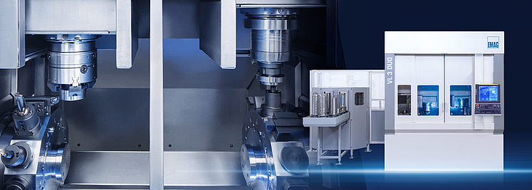 EMAG VL 3 DUO: Twin-spindle vertical turning machine with pick-up spindles and TrackMotion automation for chucked components. 