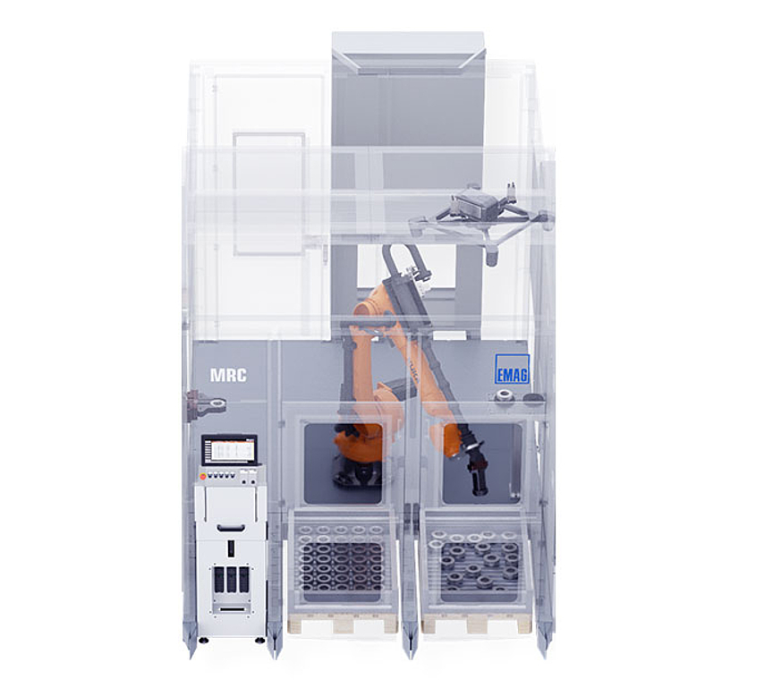 The MRC robot cell from EMAG is characterized by its versatility. In addition to the core functions of loading and unloading machine tools, it offers the option of seamlessly integrating a range of additional functions.