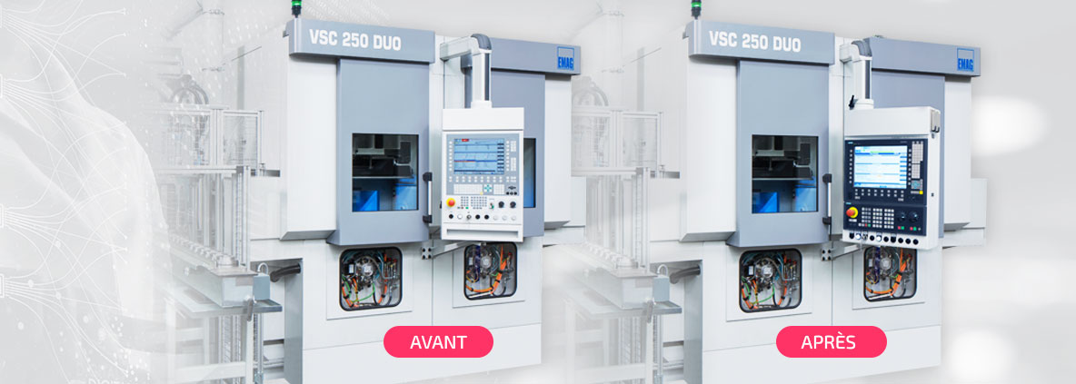 Représentation d'un changement de panneau sur la machine EMAG VSC 250 DUO : à gauche avec le panneau de commande Schubert CC15, à droite avec le panneau moderne Siemens OP015A. 