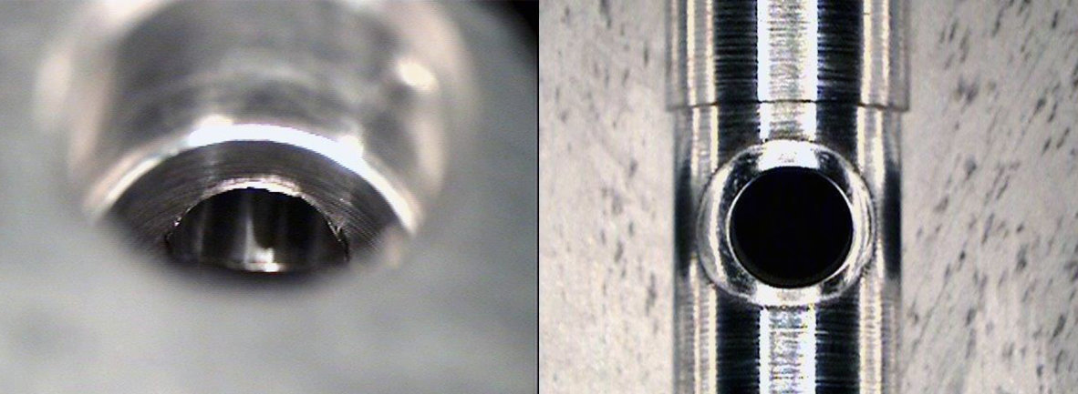 A before-and-after comparison: The edge of the bore is absolutely burr-free after ECM machining (right).
