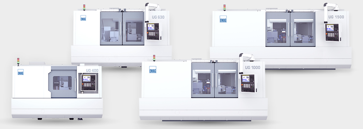 Universalschleifmaschinen der EMAG UG-Baureihe für das Innen- und Außenschleifen. Kompakte CNC-Maschinen für die präzise Komplettbearbeitung – egal ob im Futter oder zwischen Spitzen.