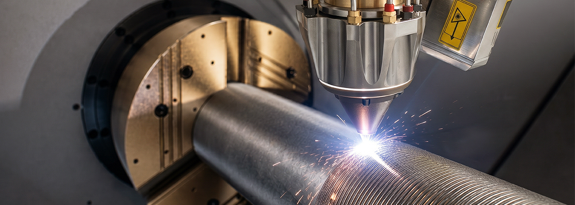 Laser cladding of a rotating shaft with a visible molten pool. The coating is applied precisely.
