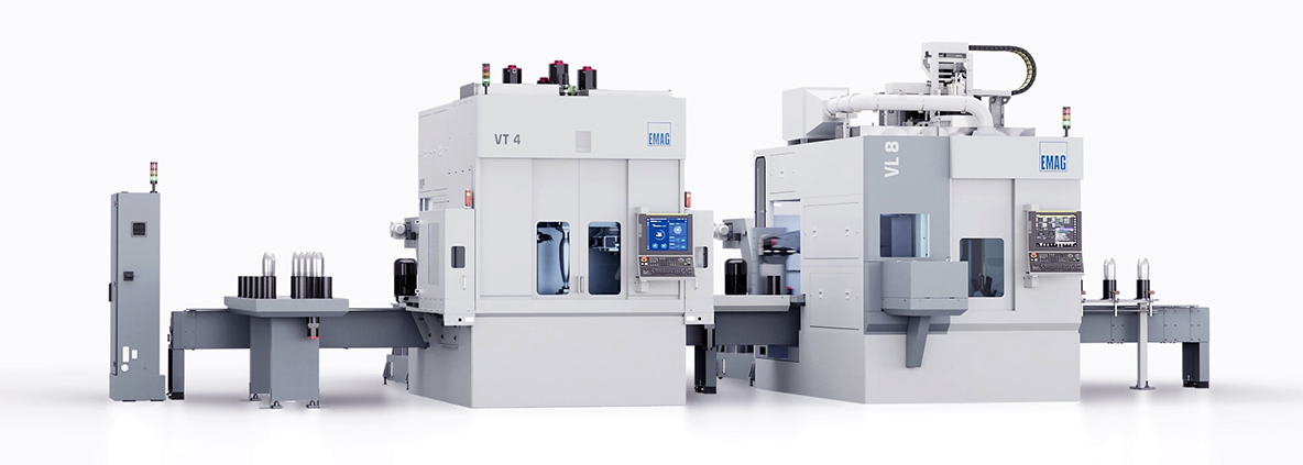 Manufacturing system with EMAG VT 4, VL 8 and TrackMotion for precise and automated machining of 120 mm mortar ammunition in two setups.