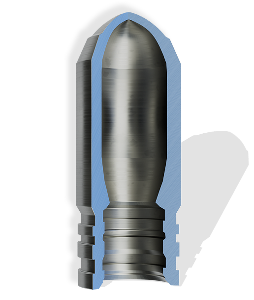 Sectional drawing of a 120 mm armor-piercing shell showing the internal structure, wall thickness and critical machining areas. The drawing illustrates the complex geometry, which is produced by precision turning and drilling operations on EMAG VL 8 lathes.