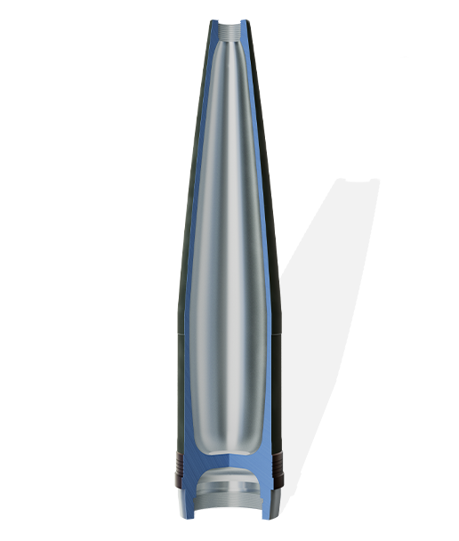 Image of a 155 mm artillery projectile illustrating the precision of machining and the complexity of the internal structure typical of defense industry requirements.