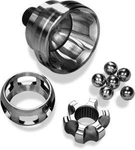CV joints make high demands on the machining technology. Core components: Kingpins, articulated cage, joint ball